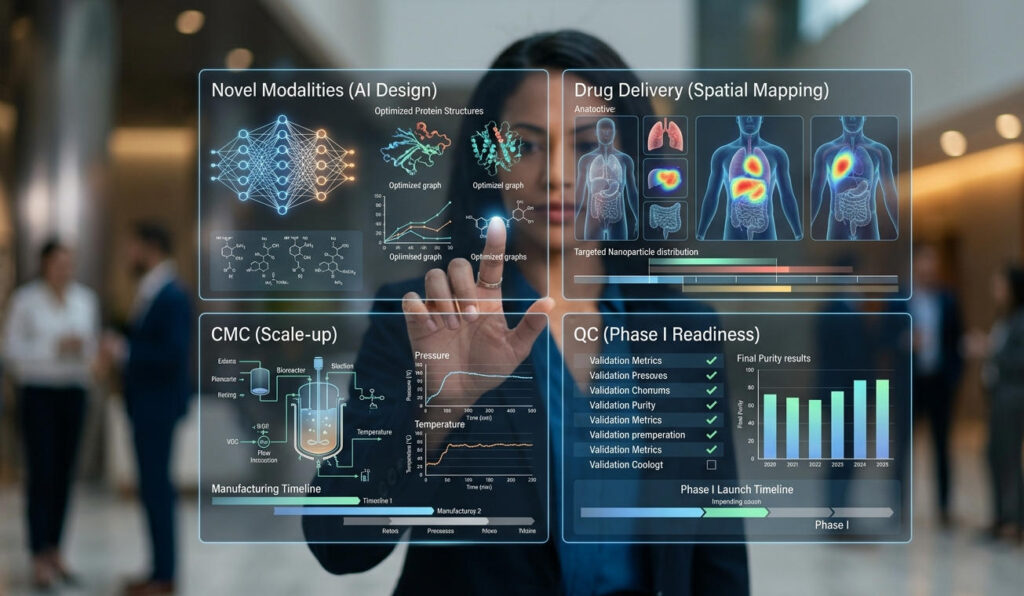Biotech Executive Reviewing Four Strategic Tracks