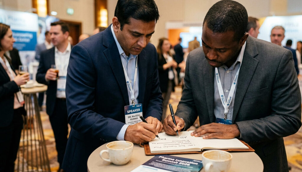 Executives Signing a Partnership Commitment During Conference Break
