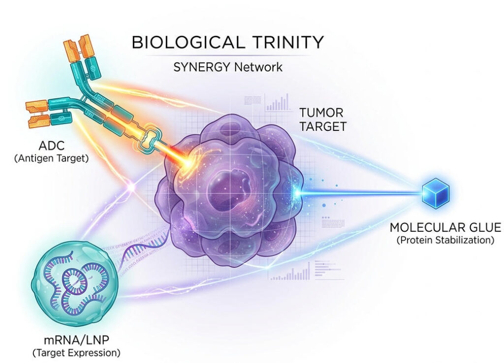 Synergistic diagram of ADC, mRNA vaccine, and small molecule therapies attacking a tumor cell