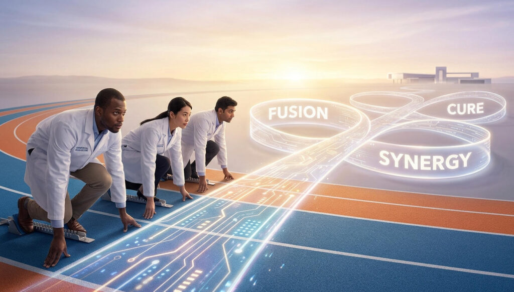 Three diverse researchers poised at a starting line that transitions into a glowing pathway of therapy fusion