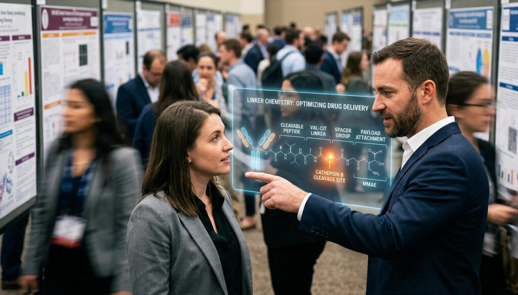 Two biomedical professionals having a detailed, focused discussion in front of a blurred academic poster