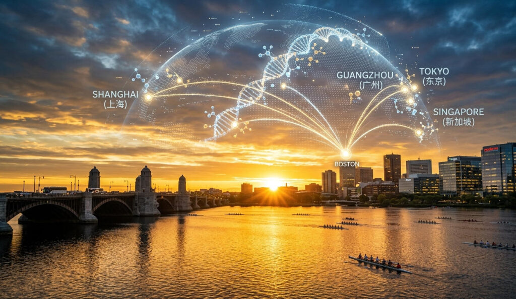 A cinematic sunrise over Boston's Charles River with a holographic global biotech network, symbolizing the new era of CGT from 2026 to 2030