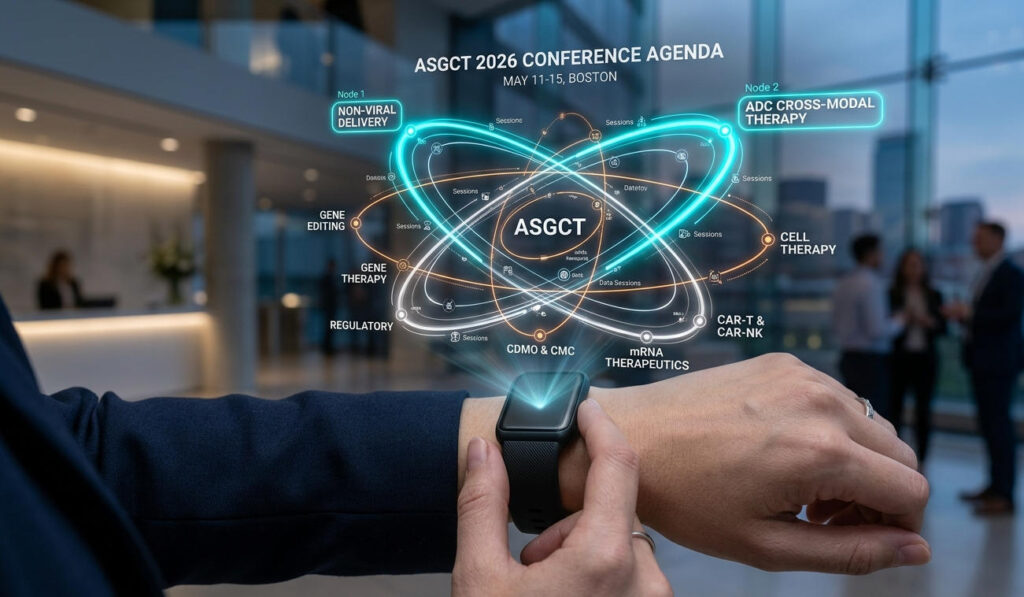 A personalized holographic map of the 9 conference tracks for ASGCT 2026, showing the 