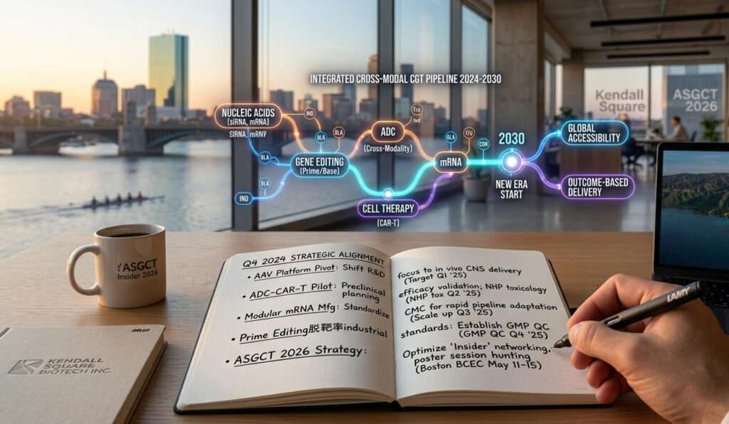 A professional's desk in Kendall Square showing an open notebook with a post-ASGCT action plan and a floating, integrated 