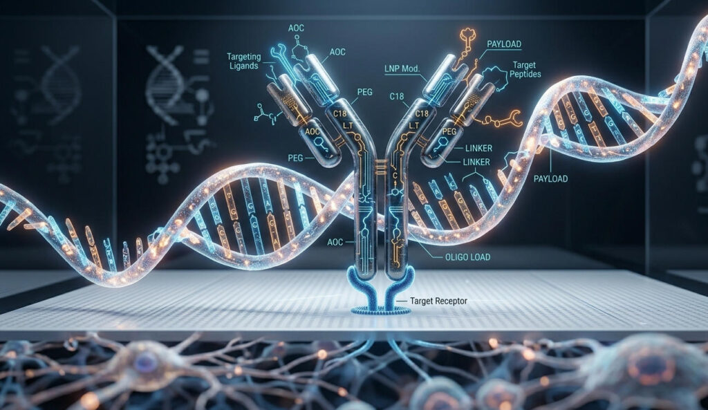 Abstract hybrid structure of an antibody conjugated with an oligonucleotide strand