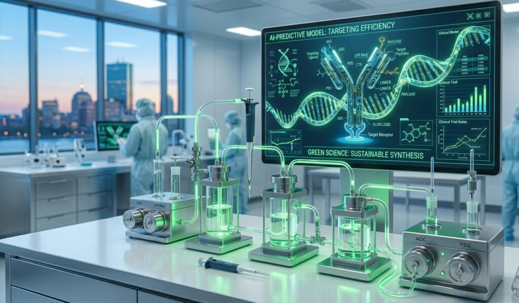 Advanced continuous flow manufacturing system with AI-driven molecular modeling on screen