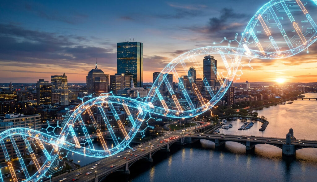 Boston skyline integrated with glowing DNA and peptide molecular structures at dawn