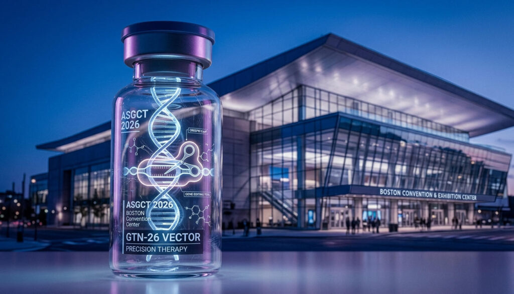 Futuristic vial packaging a glowing CRISPR gene-editing vector, representing CGT industrialization at ASGCT 2026 Boston
