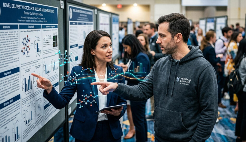 Intensified private conversation between biotech professionals at ASGCT 2026 poster session, illustrating strategic networking and intelligence gathering