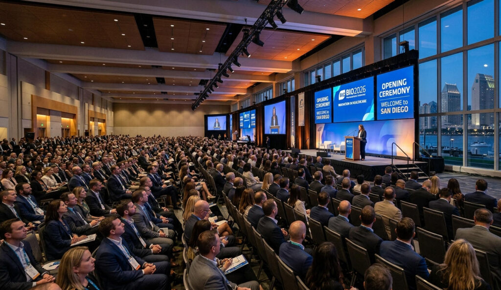 BIO 2026 biotech events san diego — opening keynote stage with global biopharma executives