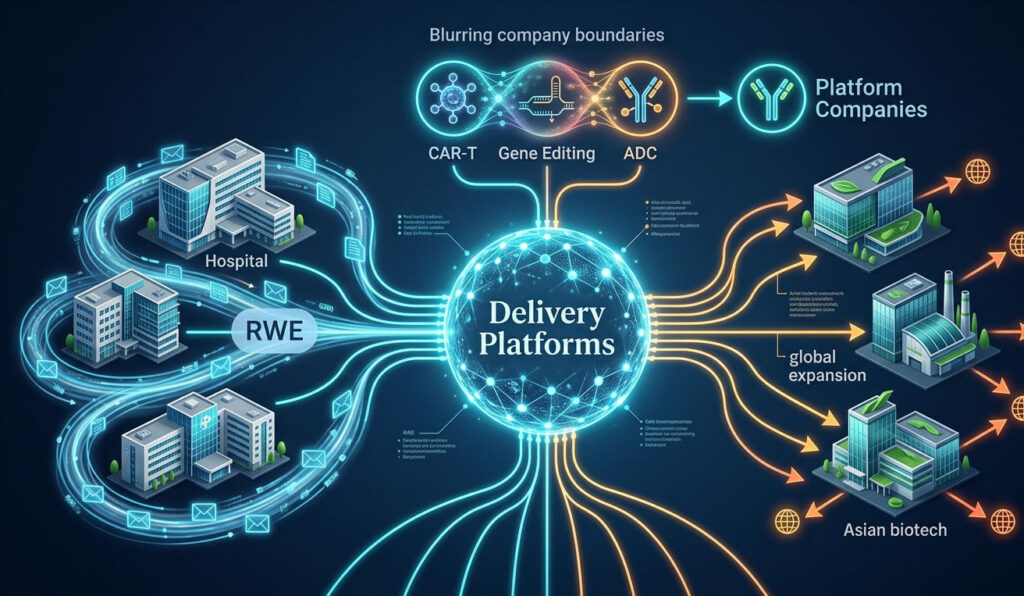 Cross-industry biotech convergence trends at bio 2026 showing delivery platforms, RWE data integration, and China biotech global expansion