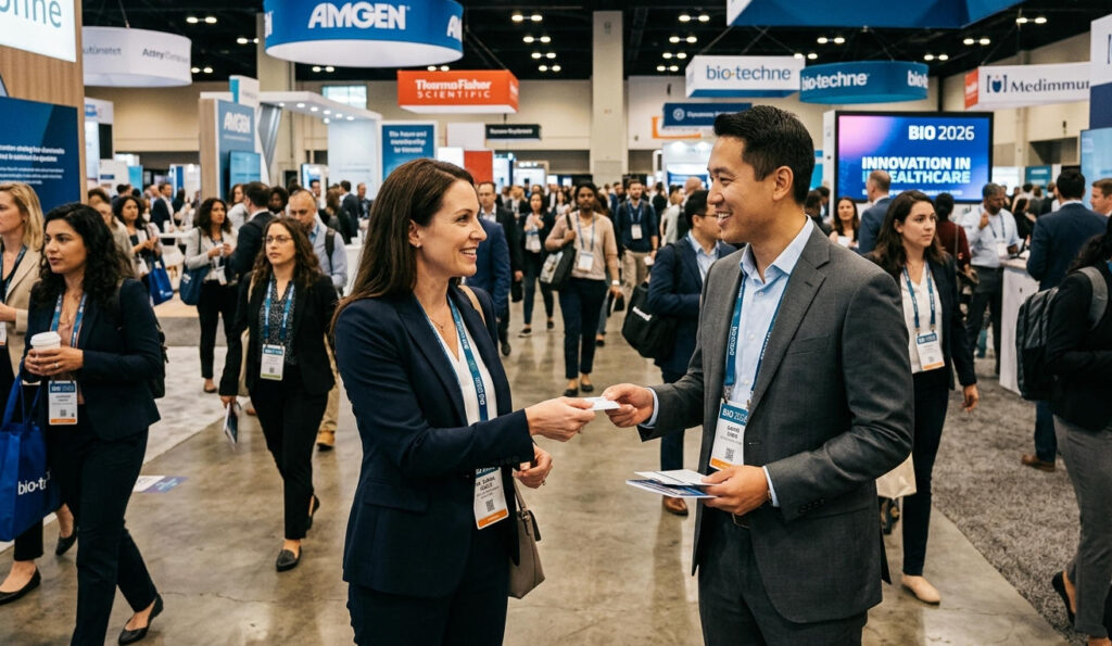 biotech events san diego on-site networking — BD executives exchanging business cards