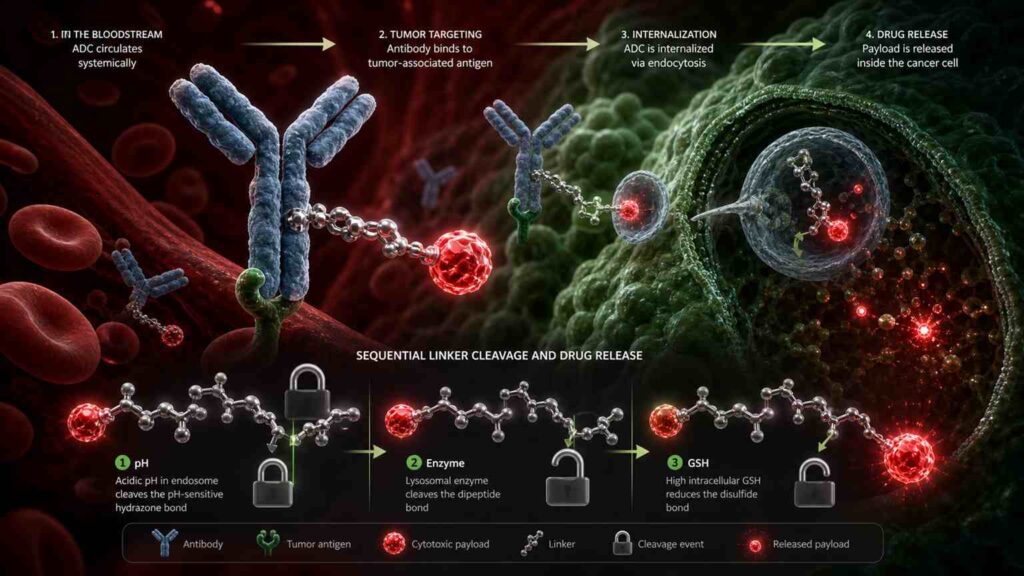 Biotech events ADC antibody drug conjugate smart linker multi-gate pH enzyme glutathione cleavage free payload toxin safety monitoring