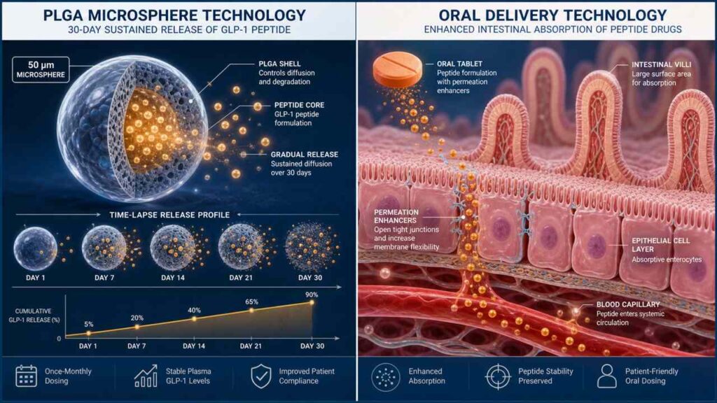 Biotech events GLP-1 PLGA microsphere vs oral peptide permeation enhancer formulation competition Novo Nordisk Eli Lilly delivery technology