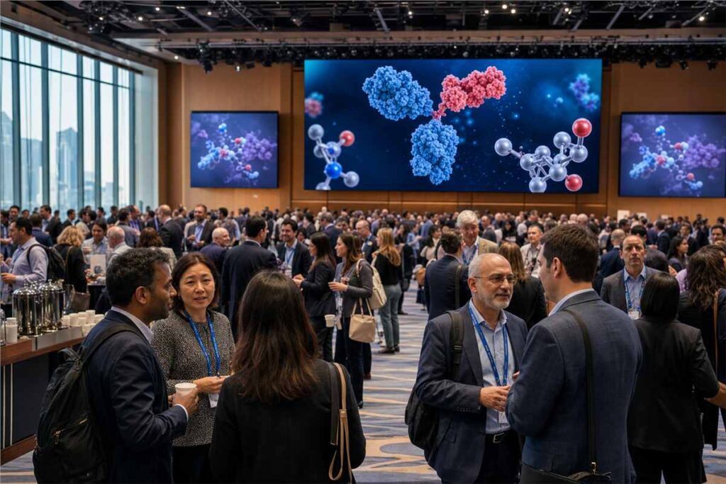 R&D professionals networking at the bio us 2025 chemistry conference with molecular structures displayed on large screens