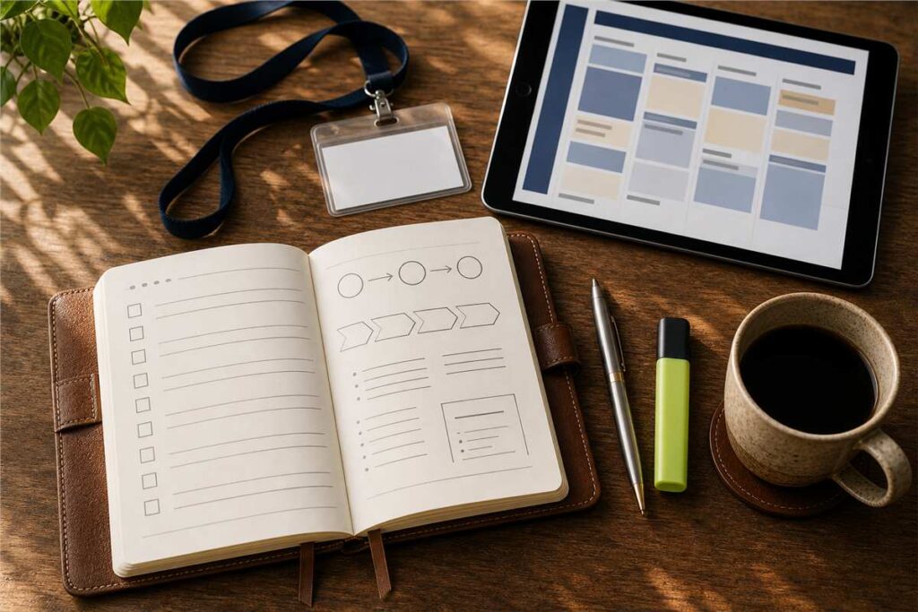 Conference preparation checklist and notebook with strategic questions for bio us 2025 attendees