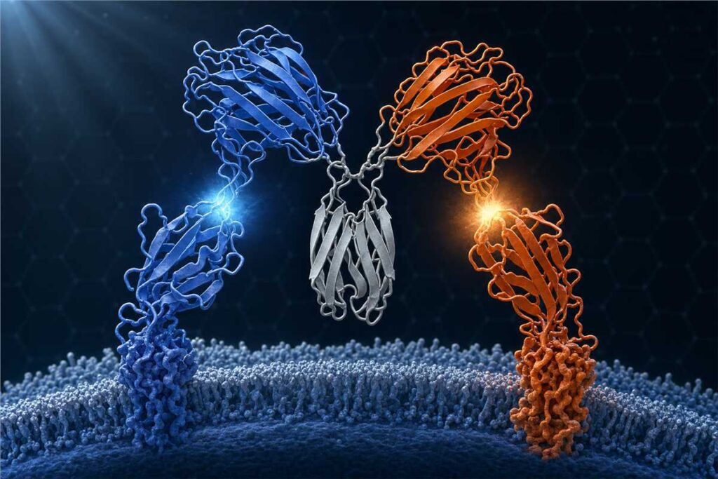 Scientific visualization of PD-1 and VEGF bispecific antibody binding at the bio us 2025 conference