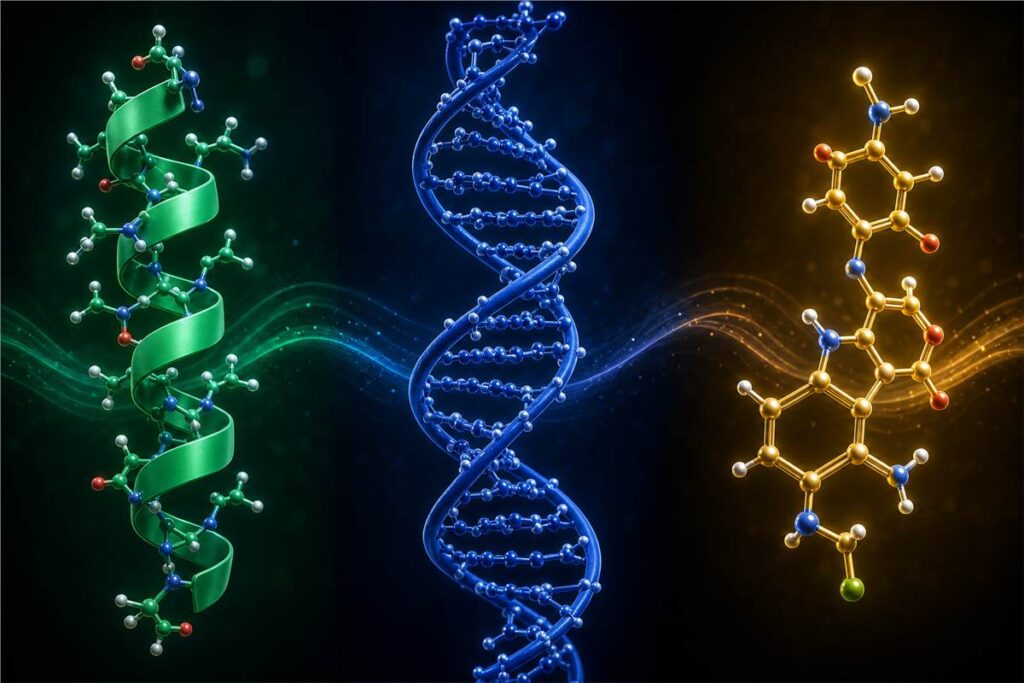 Side-by-side comparison of peptide, nucleic acid, and small molecule drug structures at bio us 2025