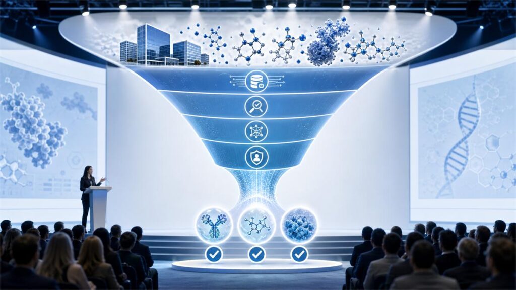 Biological conference as screening framework for AI pharma solutions