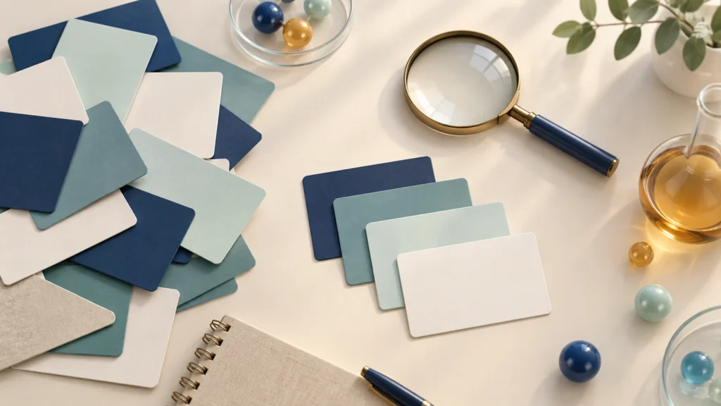 AI-generated illustration of blank planning cards narrowed to a focused set beside a magnifying glass and laboratory glassware.