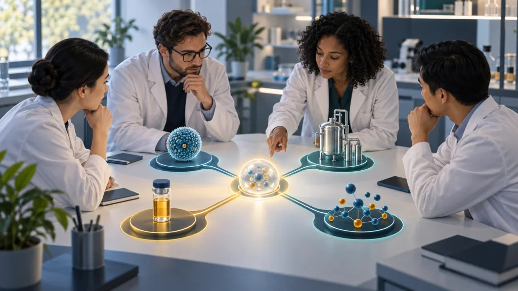 AI-generated illustration of four pharmaceutical R&D professionals aligning formulation, manufacturing, bioanalysis, and modeling around one project decision.