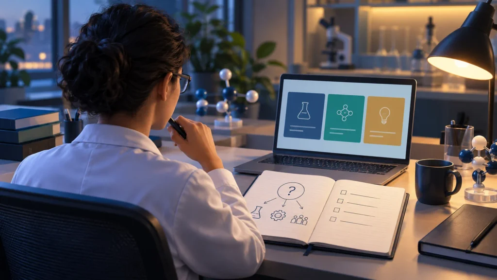AI-generated illustration of a pharmaceutical scientist reviewing a project question and a focused pre-meeting plan.