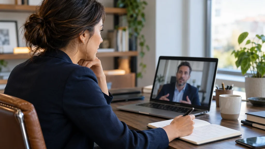 A professional taking notes during a video call on a laptop.