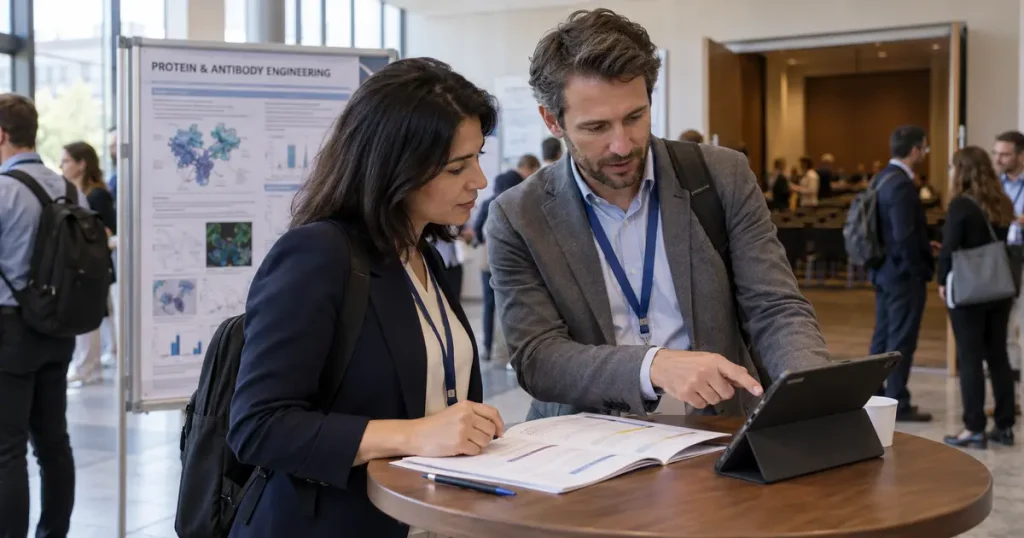Two conference attendees reviewing a printed program and a tablet at a table in a meeting foyer.
